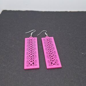 Pink Wood rectangle earrings hollowed out carved abstract design